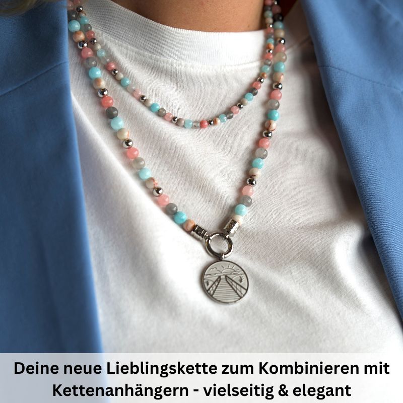 Kette Pellworm (6mm) mit Pink Jade, Quarz-Kristall, Roter Netz Jaspis und Edelstahl-Beads (mit Rund-Karabiner)