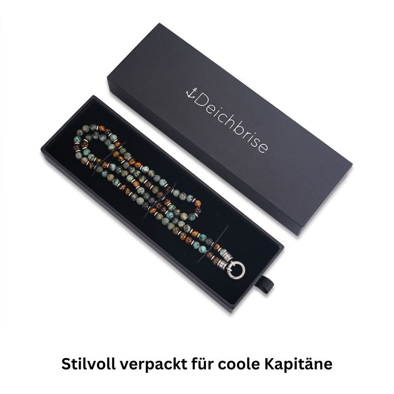 Kette Playa Beach (6mm) African Turquoise, Tiger Eye & Edelstahl-Beads (mit Rund-Karabiner)