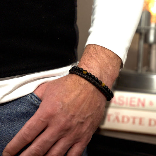 Armband Black Beach (Multistrang) Leder, Edelstahl, Onyx & Tiger-Eye (Kapitän rockt)