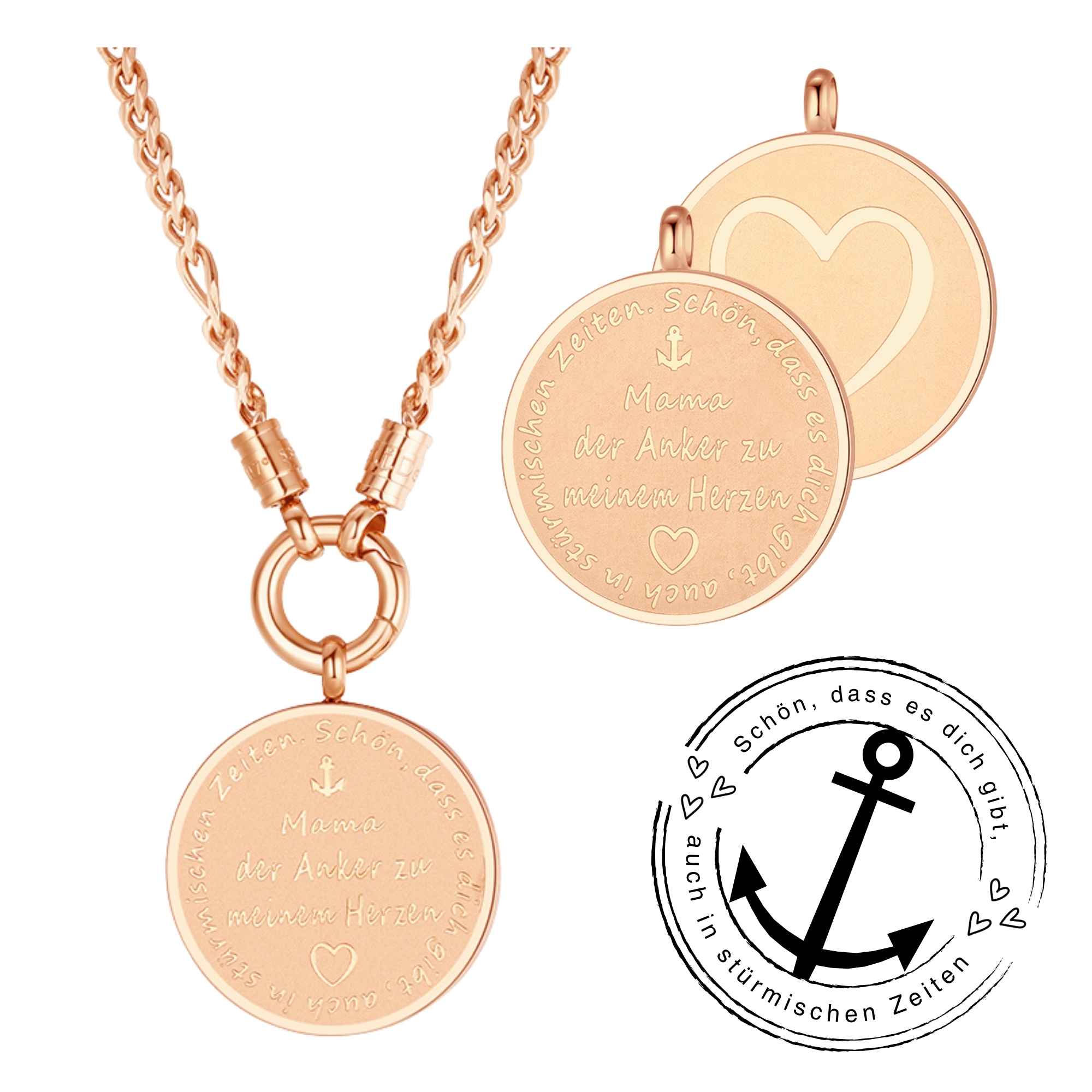 Kette mit Anhänger "Mama der Anker zu meinem Herzen" (mit Rund-Karabiner) aus Edelstahl