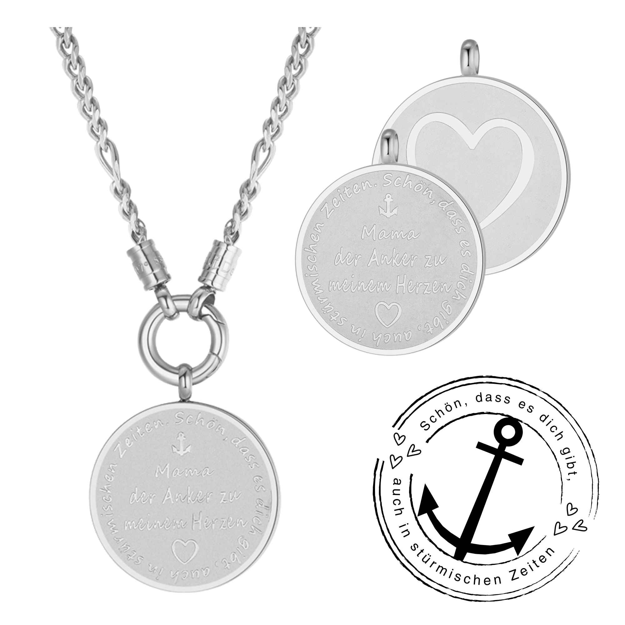 Kette mit Anhänger "Mama der Anker zu meinem Herzen" (mit Rund-Karabiner) aus Edelstahl