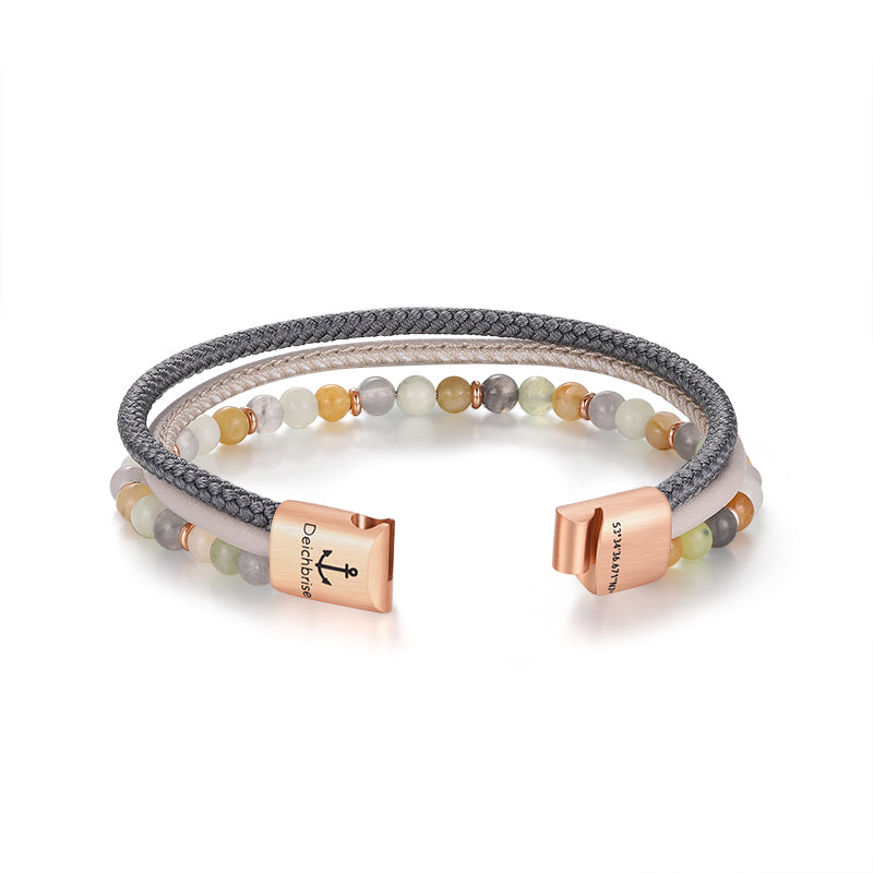 Armband Joleen (Multistrang) Leder, Segelseil, Quarz Kristall, Jade & Edelstahl Beads