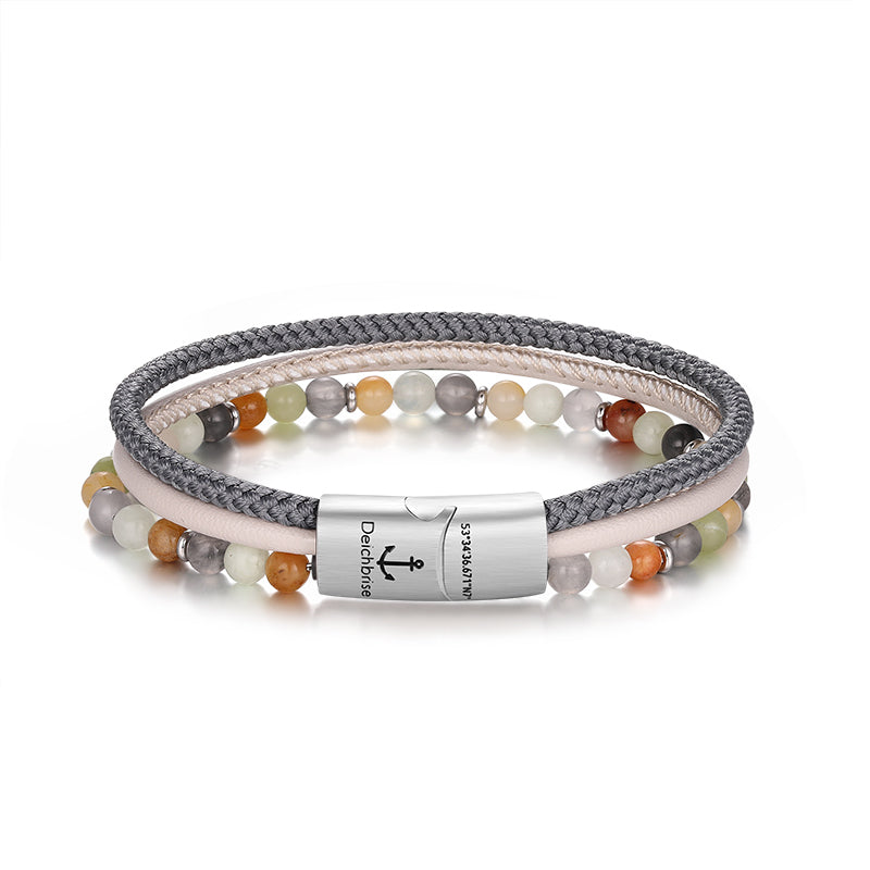 Armband Joleen (Multistrang) Leder, Segelseil, Quarz Kristall, Jade & Edelstahl Beads