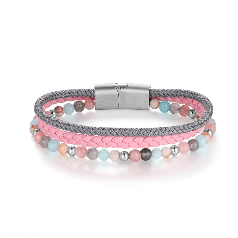Armband Pellworm 2 (Multistrang) Leder, Segelseil, Pink Jade, Quarz-Kristall & Roter Netz Jaspis
