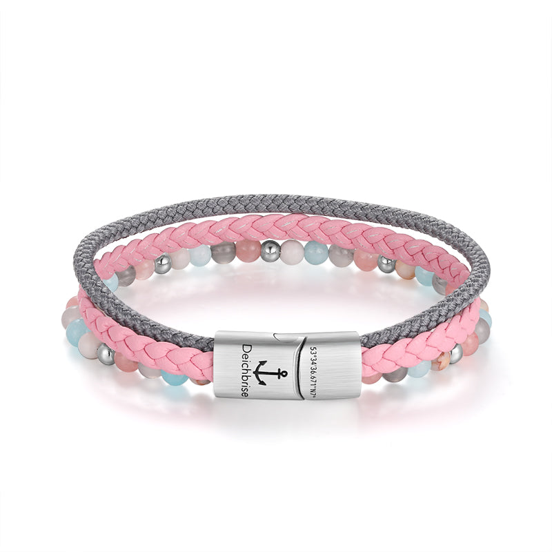Armband Pellworm 2 (Multistrang) Leder, Segelseil, Pink Jade, Quarz-Kristall & Roter Netz Jaspis