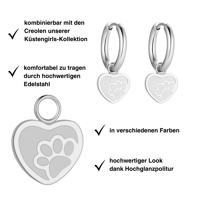 Charm für Ohrringe (Creolen) Herz-Pfote aus Edelstahl (Paar)