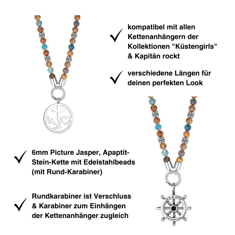 Kette Cala Mendia mit Picture Jasper, Apaptit und Edelstahl-Beads (mit Rund-Karabiner)