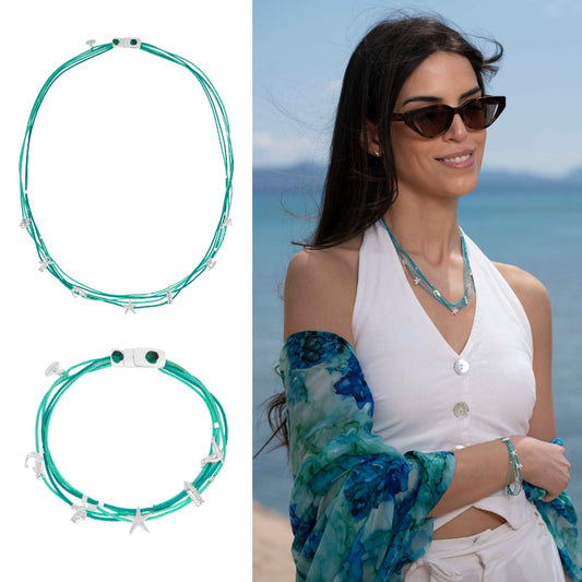 Schmuck Set Ostfriesland (meeresgrün) aus 925er Silber (Wachs-Cord)