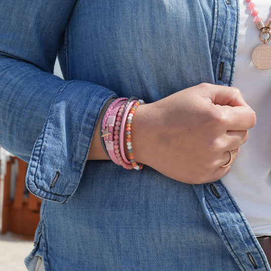 Armband Seestern (Multistrang) mit Segelseil, Leder & Pink Jade