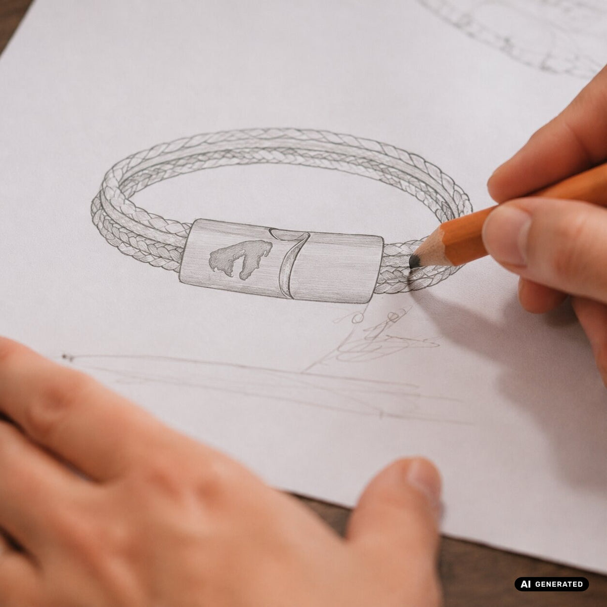 Hand zeichnet mit Bleistift eine Skizze eines Armbands mit Verschluss auf Papier