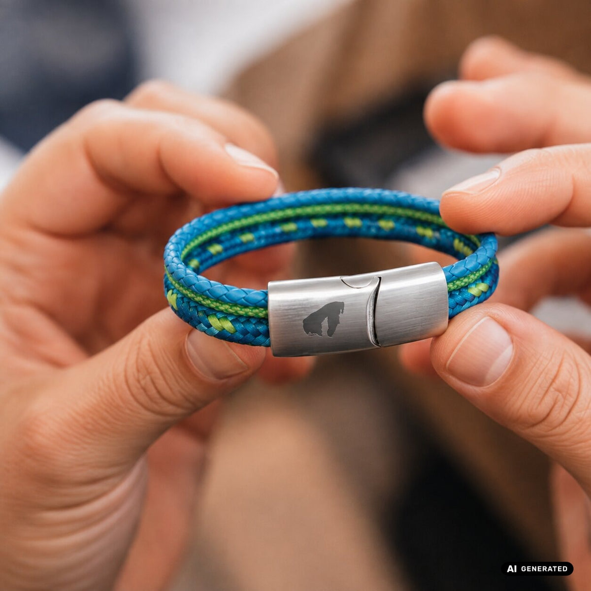 Zwei Hände halten ein Segeltau-Armband in Blau und Grün mit graviertem Magnetverschluss