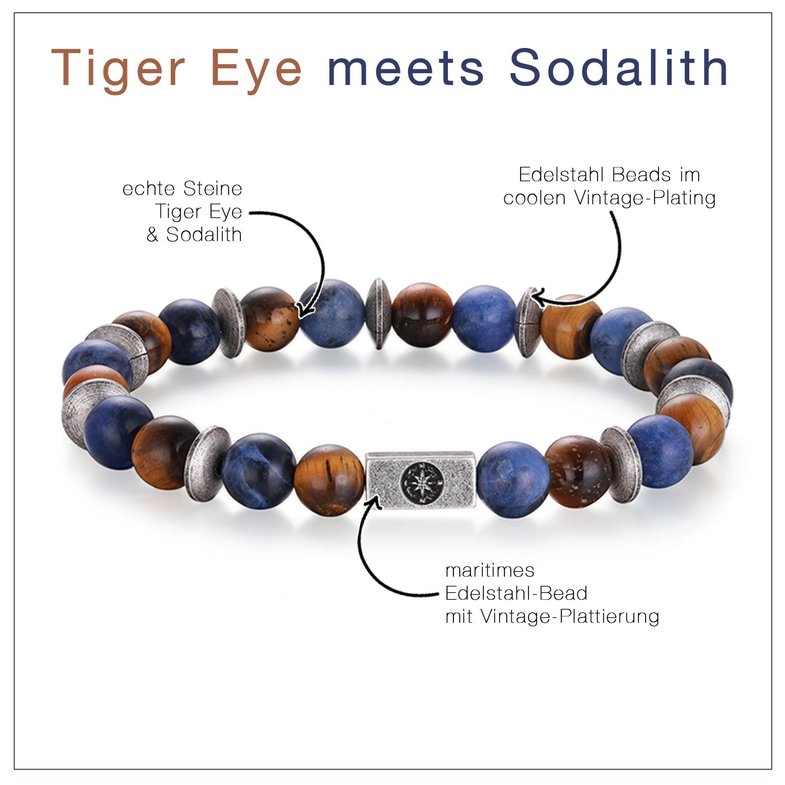 Armband Platja de Torà (Tiger-Sodalith-Steel mit Edelstahl-Kompass-Bead)