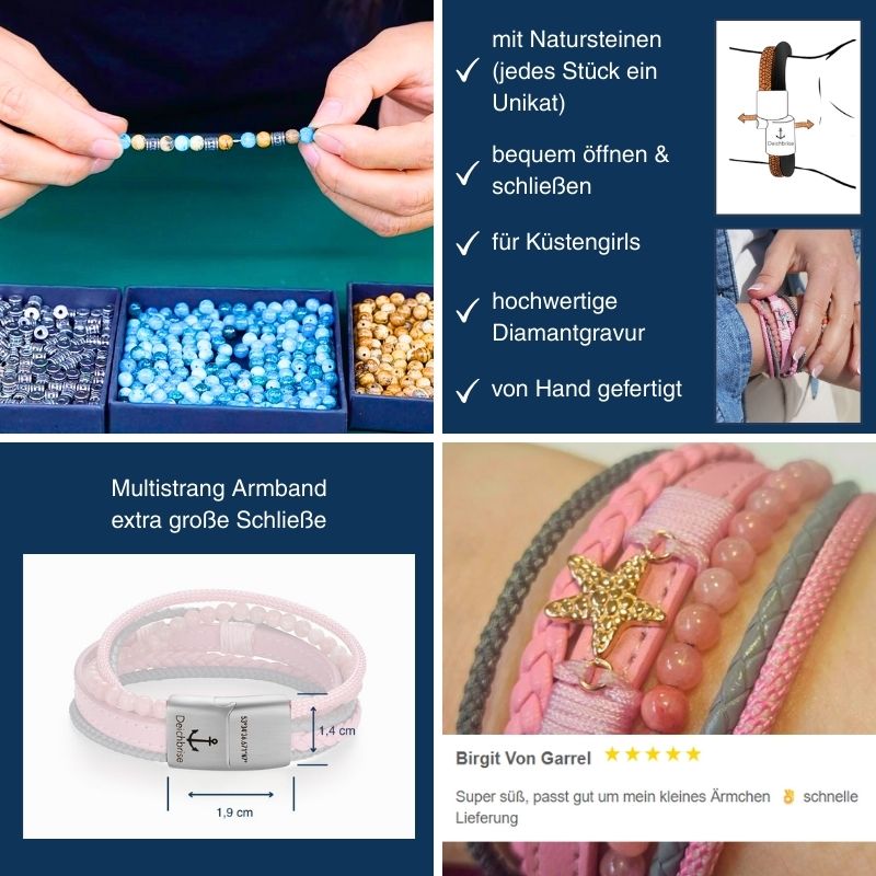 Armband Seestern (Multistrang) mit Segelseil, Leder & Pink Jade