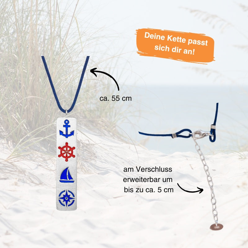 925er Silber-Kette "Steuermanns Heimathafen" (leuchtturmrot-meeresblau) (Wachs-Cord)