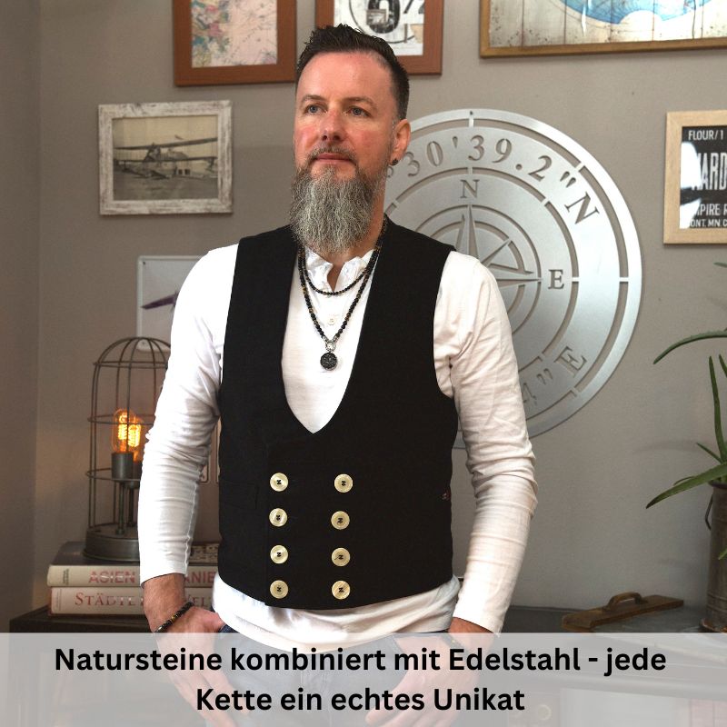 Kette Black Beach (6mm) mit Onyx, Tiger-Eye und Edelstahl-Beads (mit Rund-Karabiner)