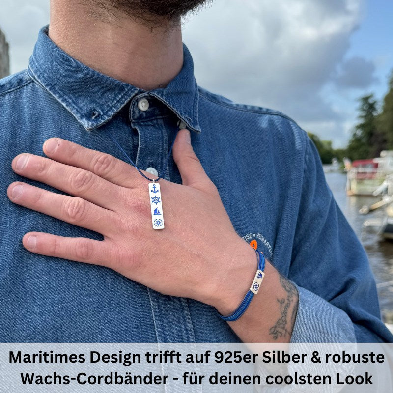 925er Silber-Kette "Steuermanns Heimathafen" (meeresblau) (Wachs-Cord)