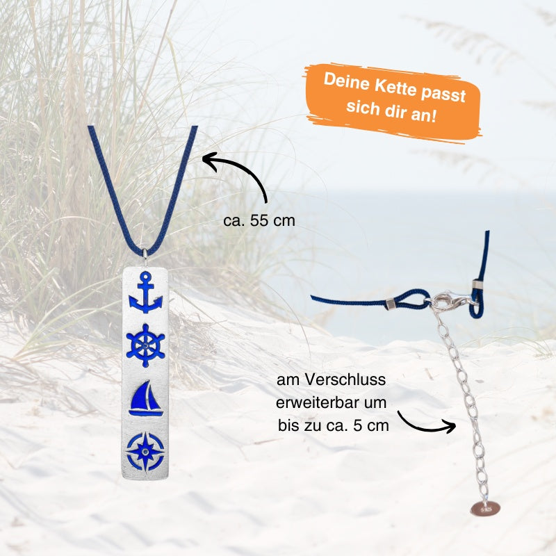 925er Silber-Kette "Steuermanns Heimathafen" (meeresblau) (Wachs-Cord)