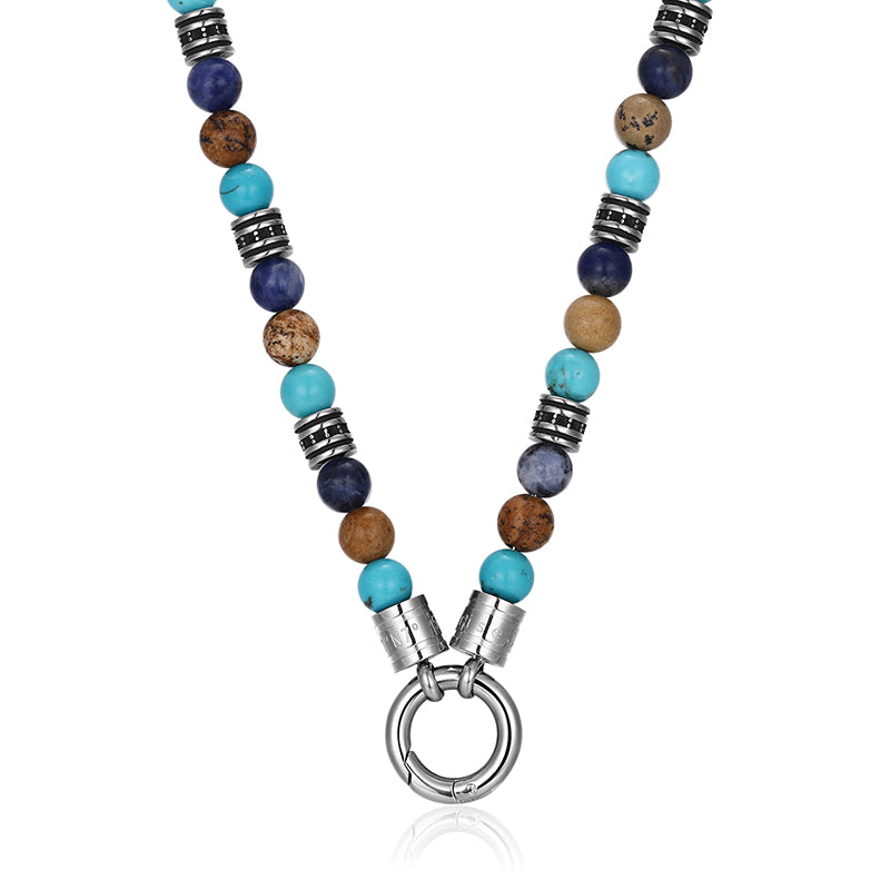 Kette Cala Varques 6mm (mit Rund-Karabiner) aus Edelstahl, Picture Jasper, Turquoise & Sodalith