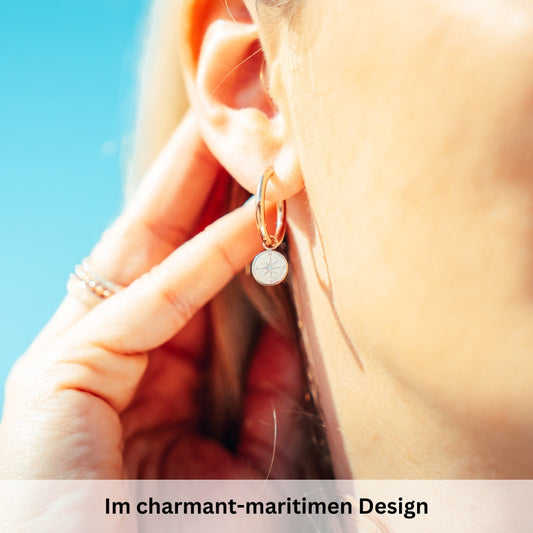 Charm für Ohrringe (Creolen) Kompass (mit Stein) aus Edelstahl (Paar)