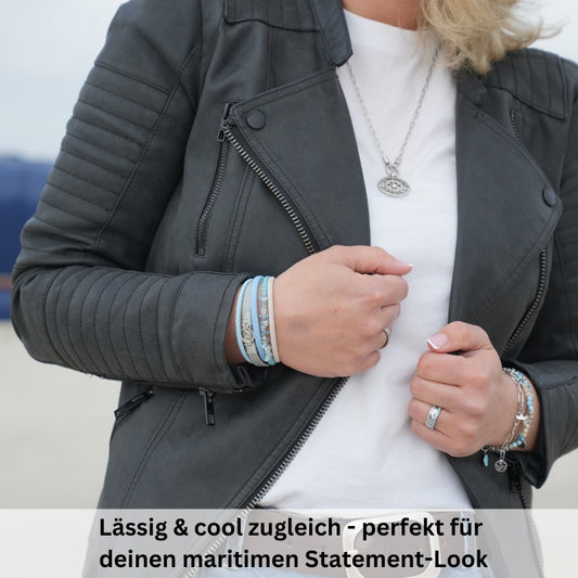 Armband Welle (Multistrang) mit Segelseil, Leder & Glasperlen