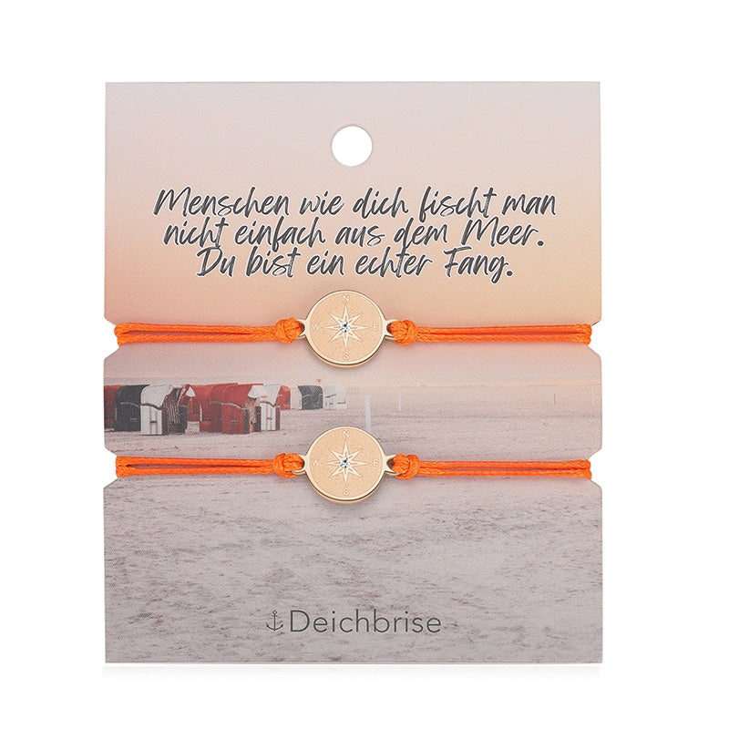 Freundschaftsarmbänder Kompass (2 Stück) aus Wachs-Seil & Edelstahl