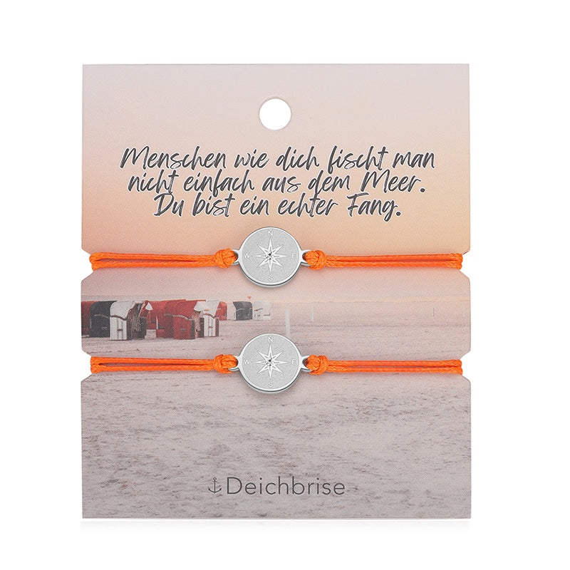 Freundschaftsarmbänder Kompass (2 Stück) aus Wachs-Seil & Edelstahl