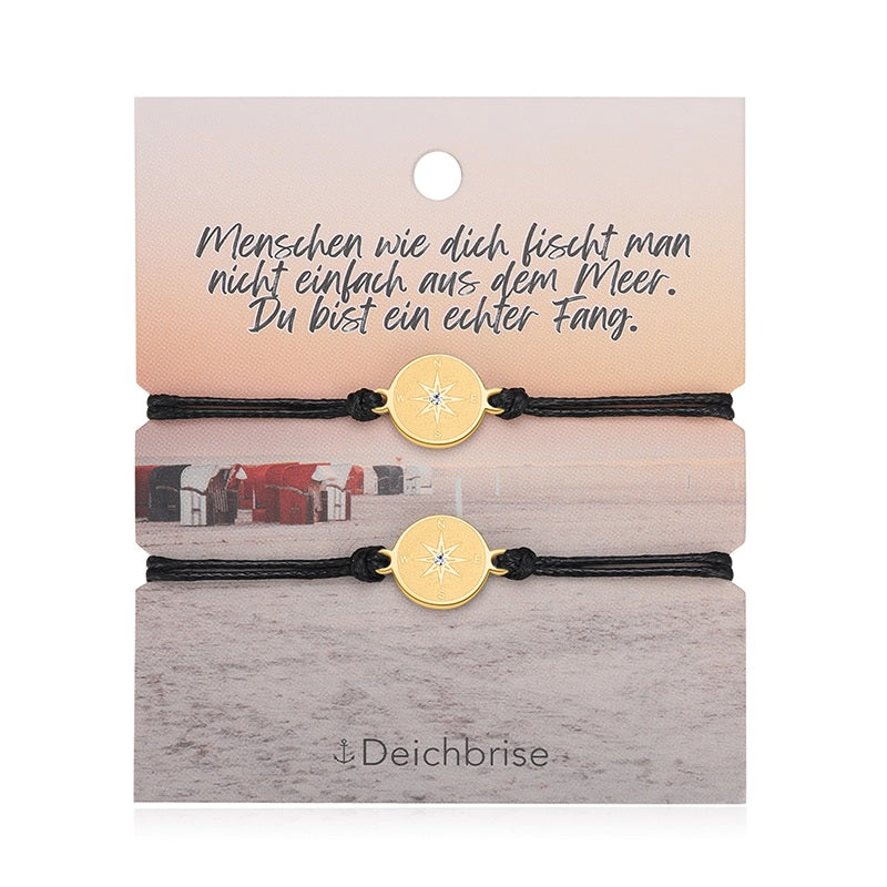 Freundschaftsarmbänder Kompass (2 Stück) aus Wachs-Seil & Edelstahl