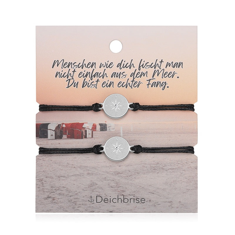Freundschaftsarmbänder Kompass (2 Stück) aus Wachs-Seil & Edelstahl