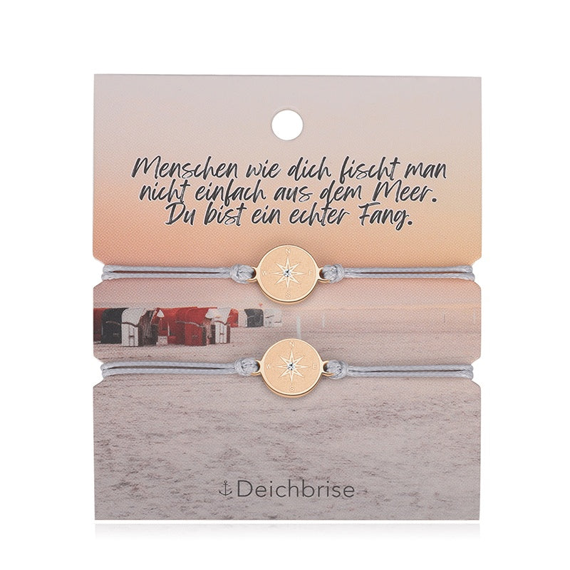 Freundschaftsarmbänder Kompass (2 Stück) aus Wachs-Seil & Edelstahl