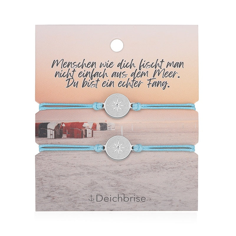 Freundschaftsarmbänder Kompass (2 Stück) aus Wachs-Seil & Edelstahl