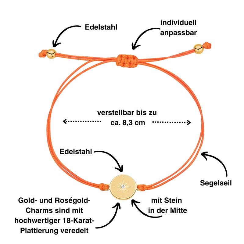 Freundschaftsarmbänder Kompass (2 Stück) aus Wachs-Seil & Edelstahl