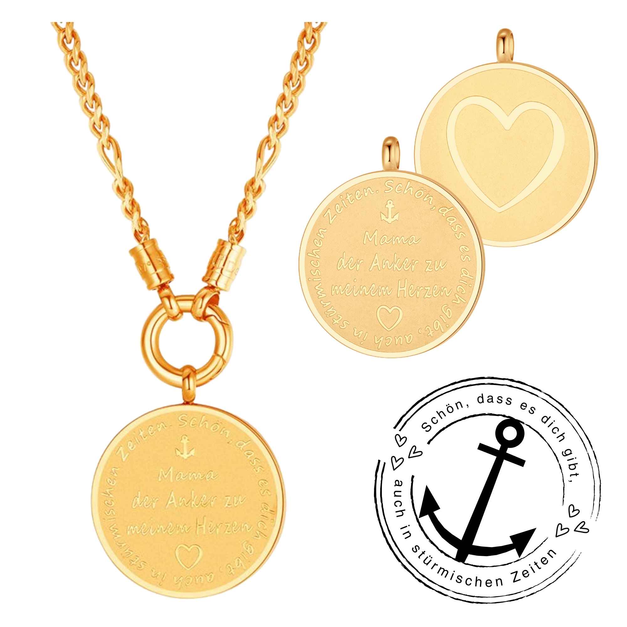 Kette mit Anhänger "Mama der Anker zu meinem Herzen" (mit Rund-Karabiner) aus Edelstahl