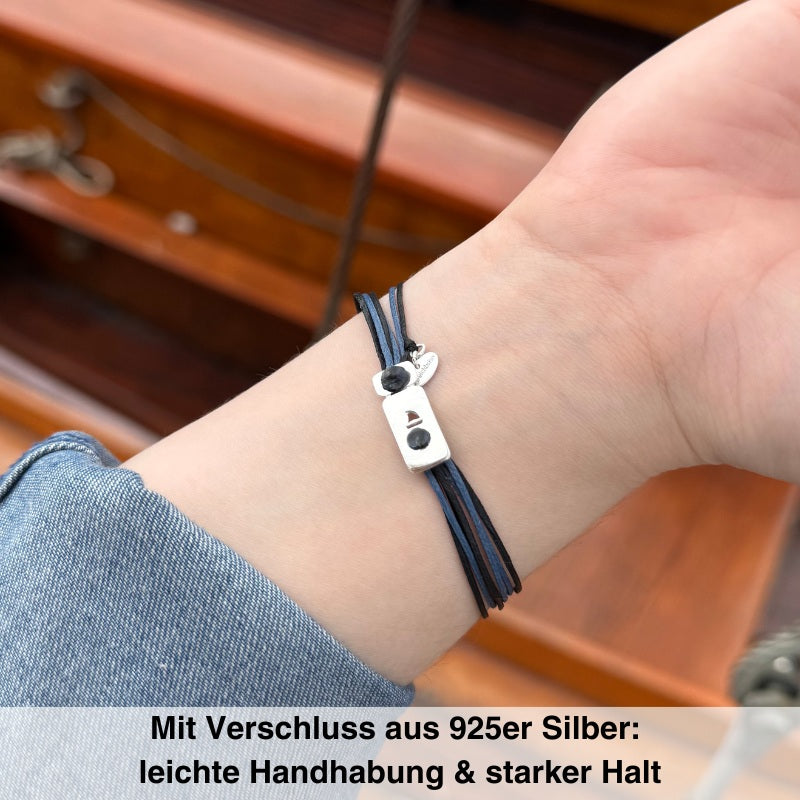 925er Silber-Armband "Steuermann" (nebelblau-schwarz) (Wachs-Cord)