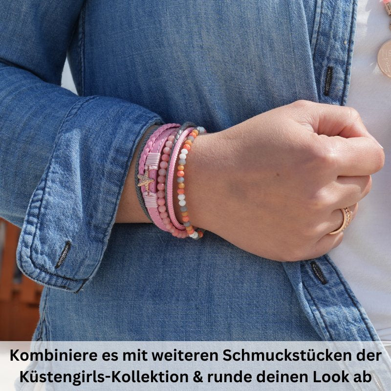 Armband Seestern (Multistrang) mit Segelseil, Leder & Pink Jade