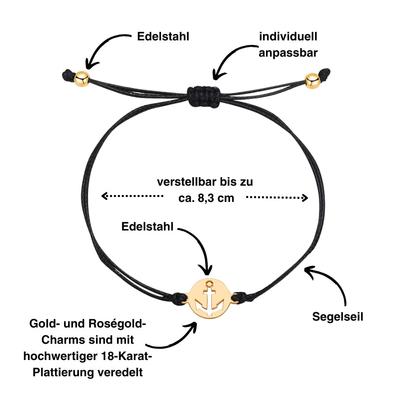 Freundschaftsarmbänder Anker (2 Stück) aus Wachs-Seil & Edelstahl
