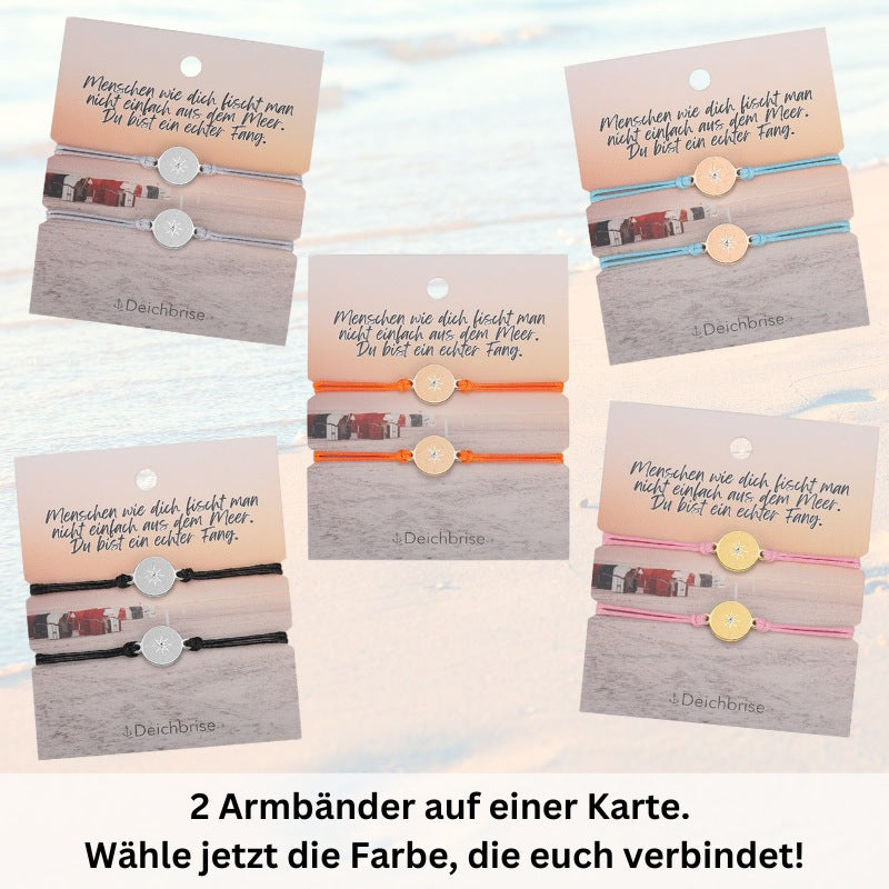 Freundschaftsarmbänder Kompass (2 Stück) aus Wachs-Seil & Edelstahl