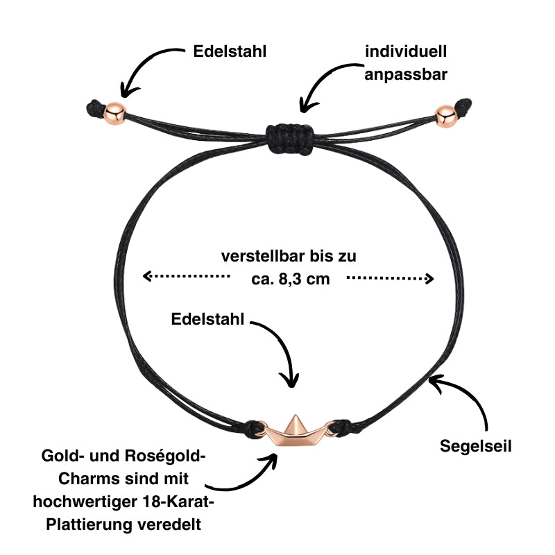 Freundschaftsarmbänder Papierschiffchen (2 Stück) aus Wachs-Seil & Edelstahl