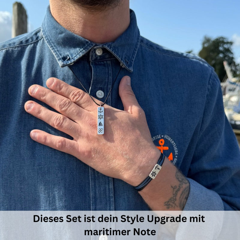 Schmuck-Set "Steuermanns Heimathafen" (nebelblau-schwarz) (Wachs-Cord)