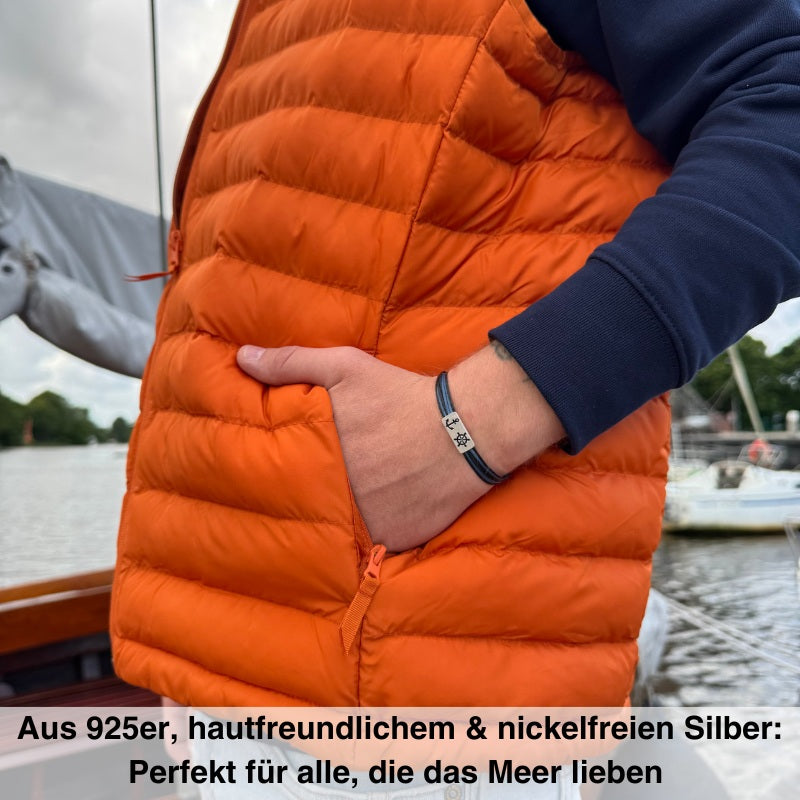 925er Silber-Armband "Steuermann" (nebelblau-schwarz) (Wachs-Cord)