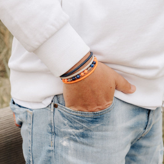 Armband Port Andratx (Multistrang) mit Segelseil, Leder, Wolkenquarz-Kristall, Lapislazuli & Acrylperlen