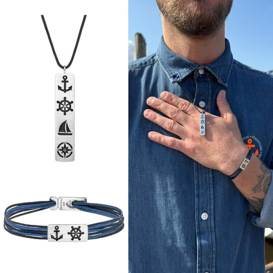 Schmuck-Set "Steuermanns Heimathafen" (nebelblau-schwarz) (Wachs-Cord)