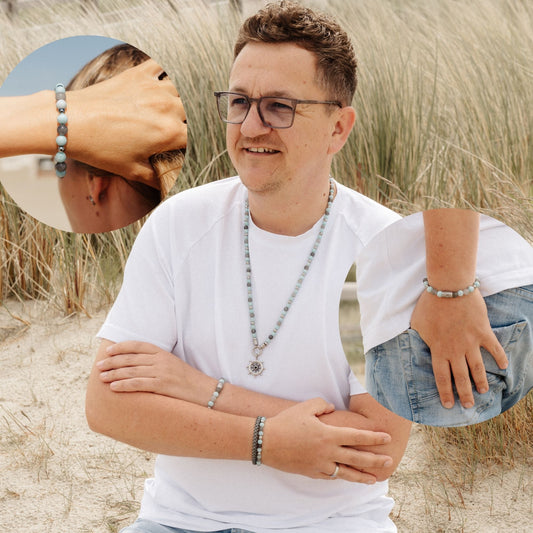 Armband Camp de Mar aus Edelstahl, Amazonit Jade & Wolkenquarz-Kristall