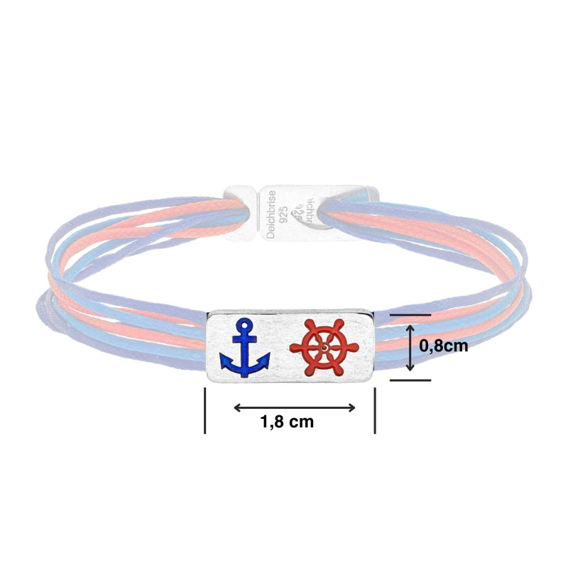 925er Silber-Armband "Steuermann" (leuchtturmrot-meeresblau) (Wachs-Cord)