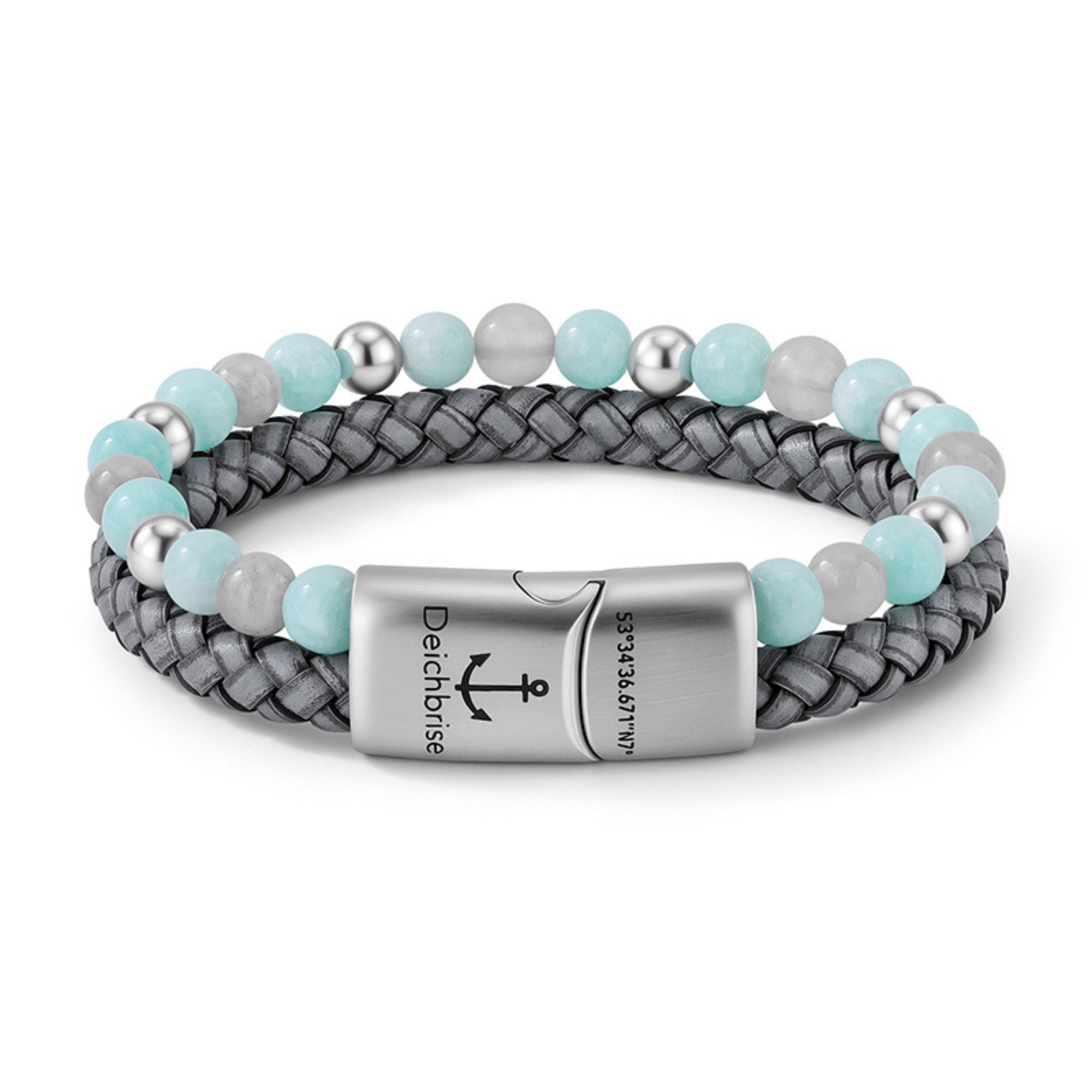 Armband Camp de Mar (Multistrang) aus Leder, Edelstahl, Amazonit Jade & Wolkenquarz-Kristall