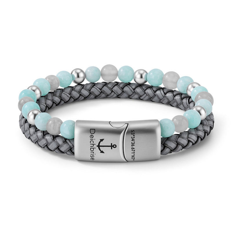 Armband Camp de Mar (Multistrang) aus Leder, Edelstahl, Amazonit Jade & Wolkenquarz-Kristall
