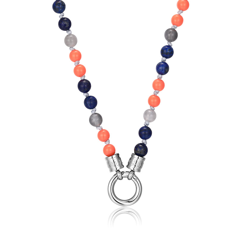 Kette Port Andratx 6mm (mit Rund-Karabiner) aus Wolkenquarz-Kristall, Lapislazuli, Acrylperlen & Edelstahl