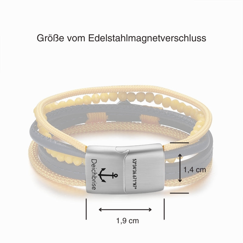 Armband Muschel (Multistrang) mit Segelseil, Leder & Glasperlen