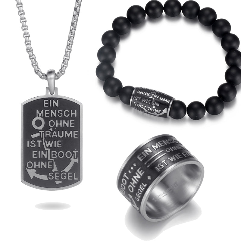Kollektion Ein Mensch ohne Träume: Kettenanhänger, Perlenarmband und Ring mit dem Spruch