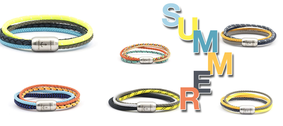 Sommerliche Segeltau-Armbänder in verschiedenen Farben mit dem Schriftzug Summer