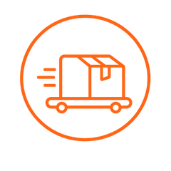 Oranges Icon mit Paket auf Rädern als Symbol für Produktion und Lieferung